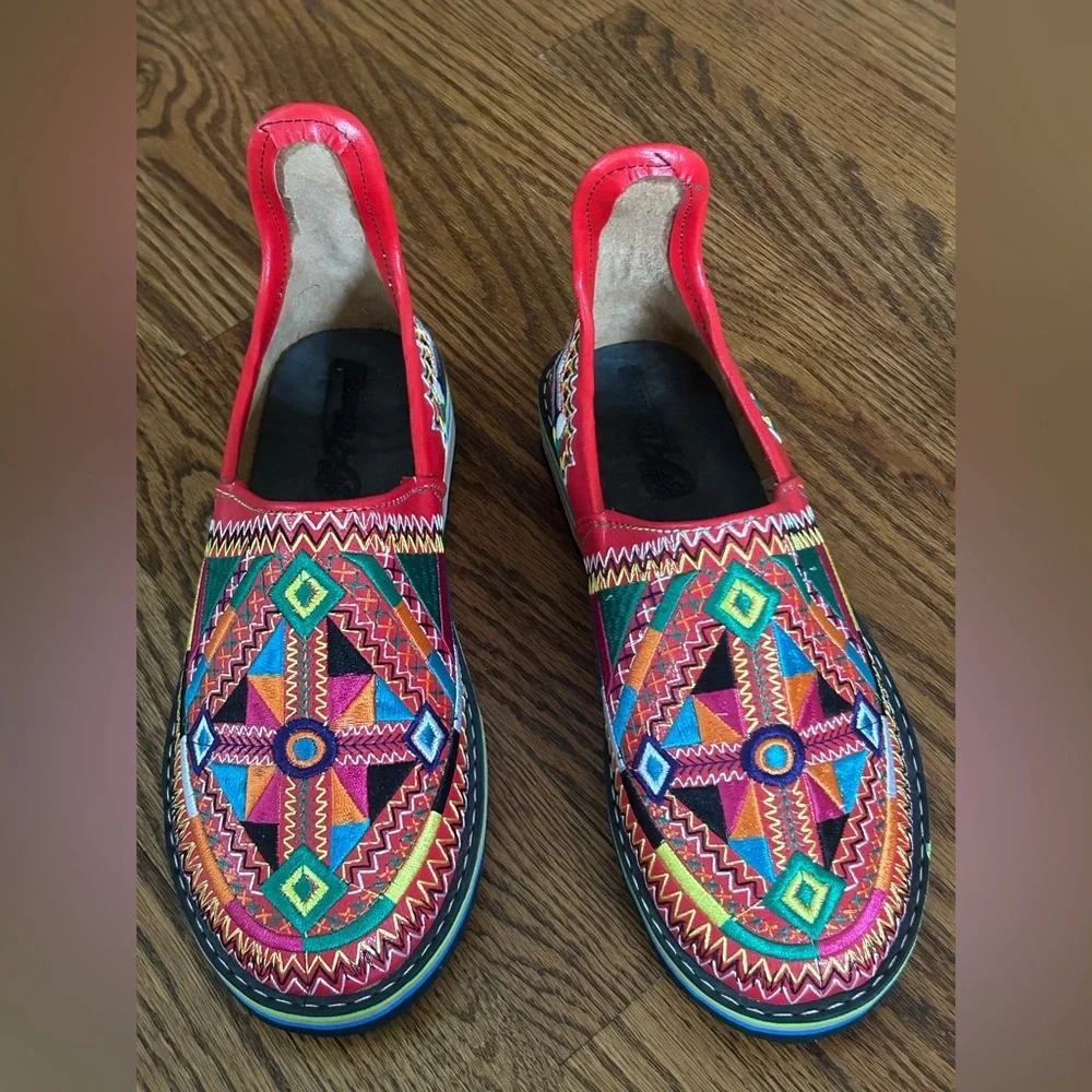 Moroccan Style Red Embroidered Babouche Mules Maximalist Folk Boho 8
